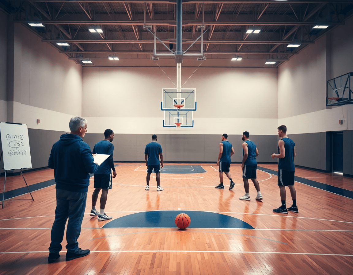 Wide shot of players spaced around the arc executing 5 out motion offense drills at a basketball court.