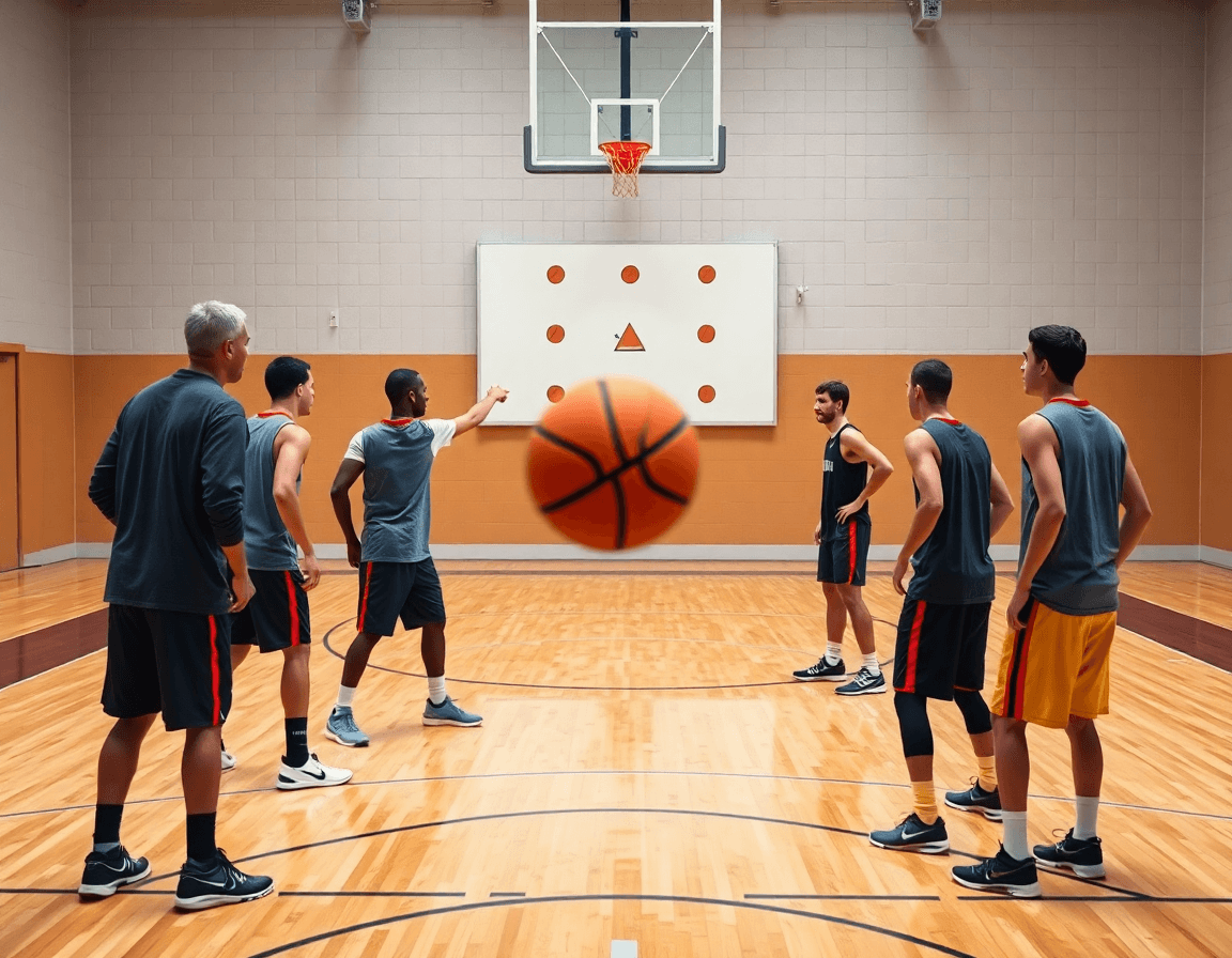 Coach demonstrating 5 out motion offense basketball spacing with five players around the arc on a hardwood court.