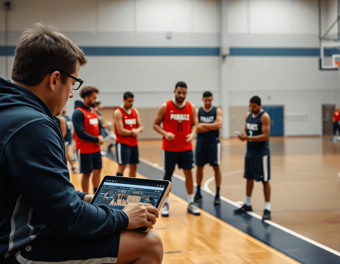 Coach reviews 5 out motion offense basketball clips with players studying the footage on the hardwood.
