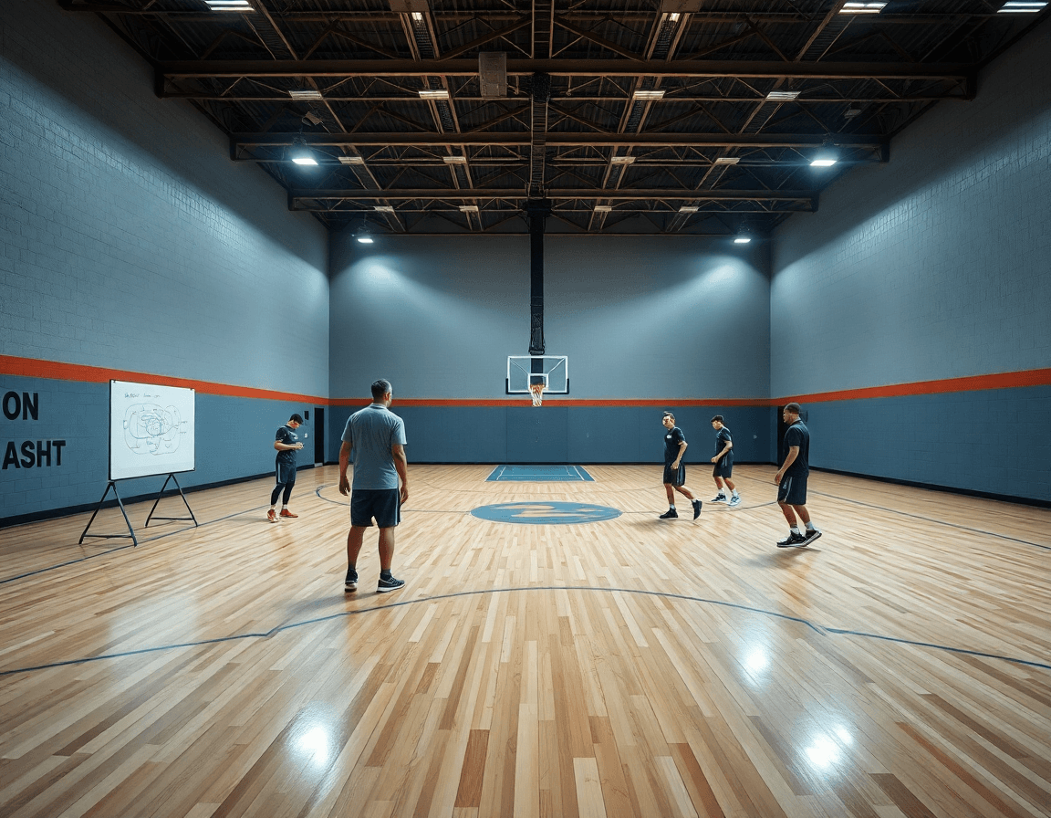 Coach diagrams 5 out motion offense basketball on the whiteboard while players practice on the hardwood.