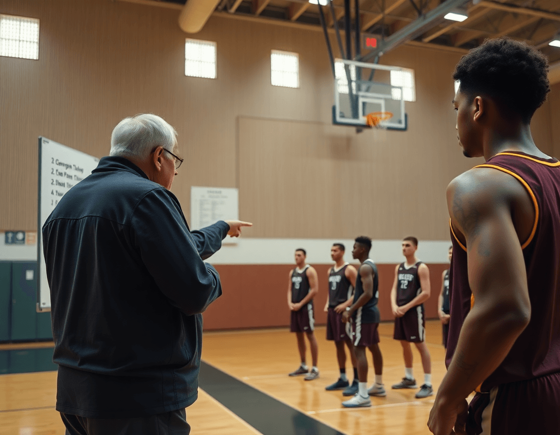 Coach outlines plays by formation on a whiteboard as the team practices 50 basketball plays.
