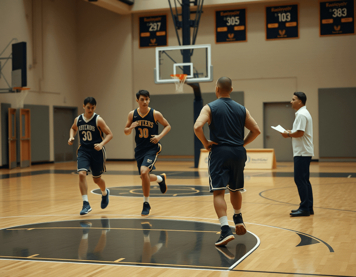 Two players run a midcourt drill as the coach notes formations, practicing 50 basketball plays.