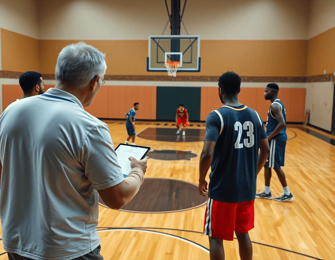 A coach reviews a digital clip as players drill a play from the 50 basketball plays weekly plan.