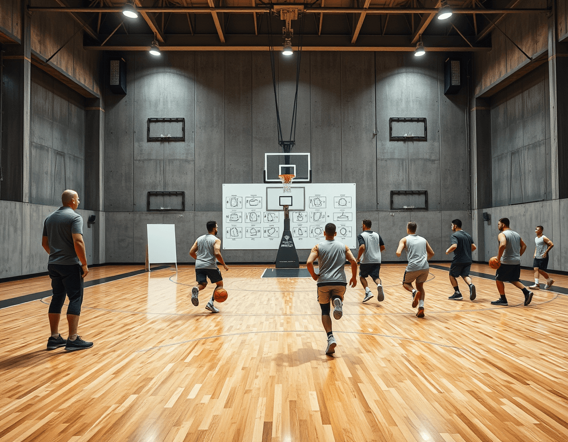 Wide gym scene showing coaches outlining 50 basketball plays on a whiteboard for the team.