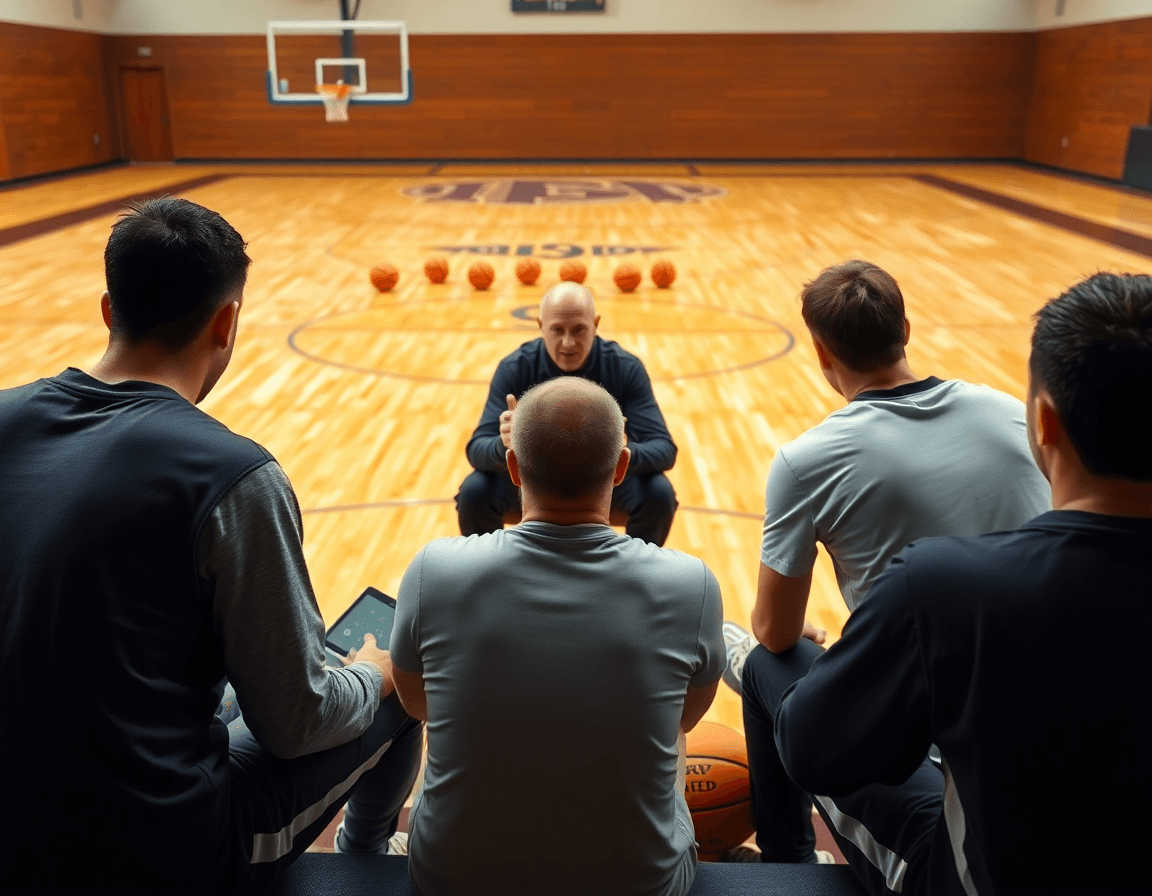 Group watches basketball video on a tablet during a 90 minute basketball practice plan reinforcement.