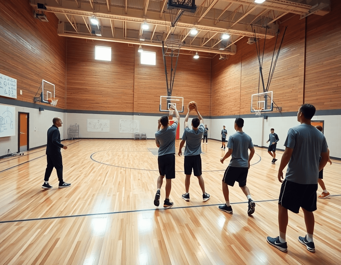 Wide gym scene, a 90 minute basketball practice plan unfolding with coach, players, and basketball.