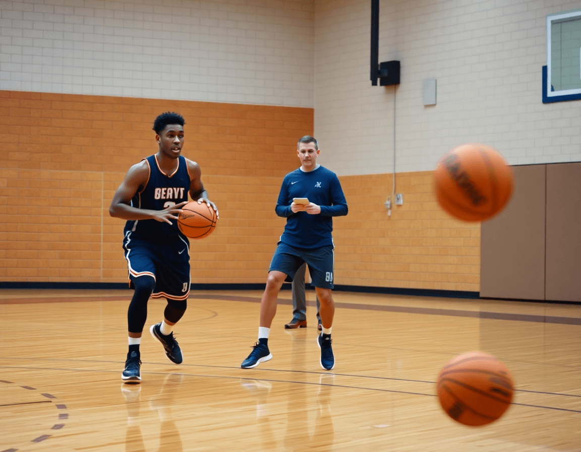 Close-up of guards performing a dribble drive during advanced basketball drills for guards on a wooden court.