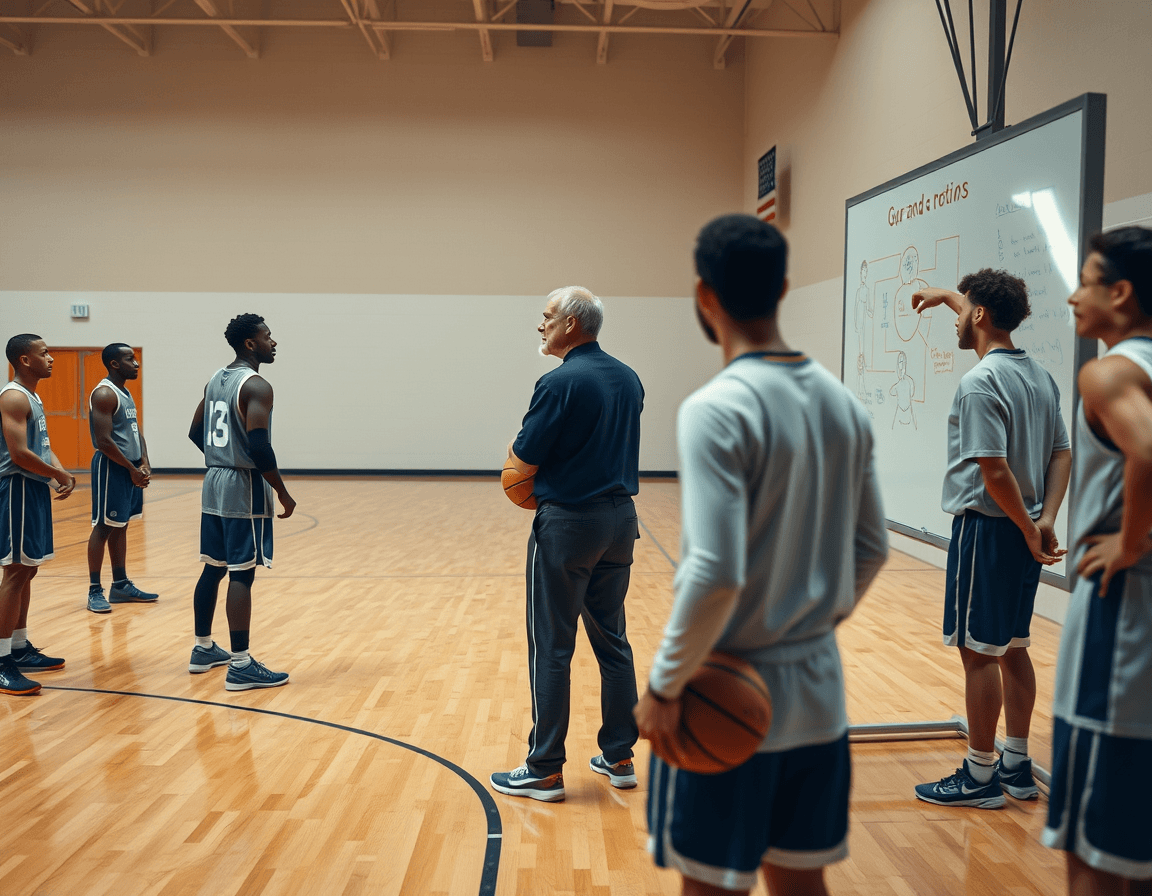 Coach sketches guard actions for advanced basketball drills for guards on the whiteboard as players observe.