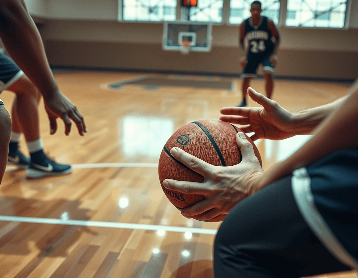 Close-up on hands and a basketball during a guard drill on a hardwood basketball court.