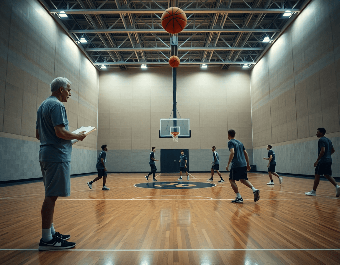 Wide shot of advanced basketball drills for guards during team practice in a bright gym.