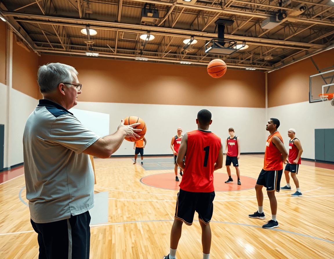 Close-up of hands gripping an orange basketball during advanced basketball shooting drills on the hardwood.