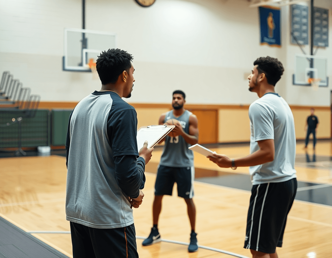 Coach reviews advanced basketball shooting drills with video on a tablet while players practice on the hardwood.