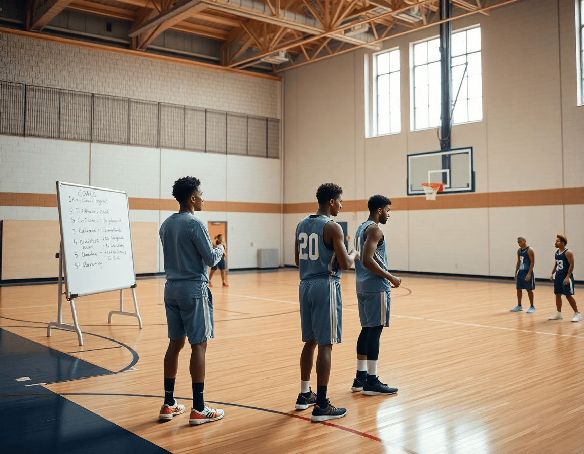 Coach sketches plays on a whiteboard as players study scouting notes and guard basketball movements.