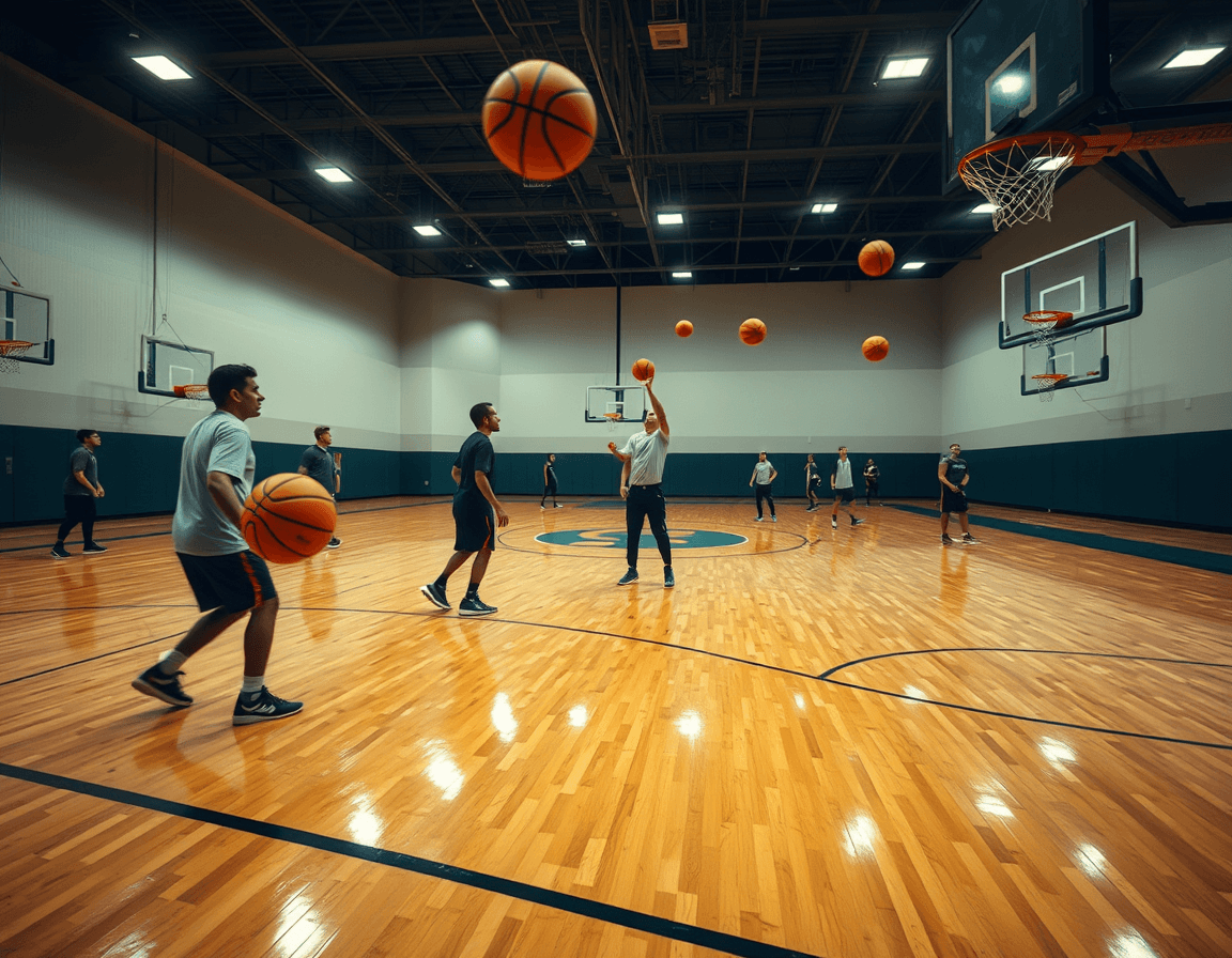 A wide basketball gym shot shows a coach guiding players through advanced basketball shooting drills on the hardwood.