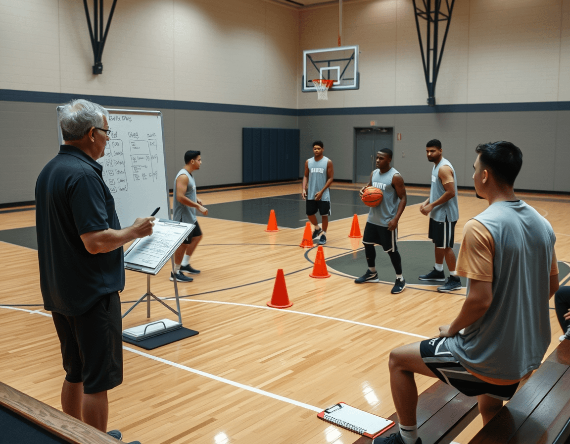 Coach documents weekly advanced basketball dribbling drills pdf plan with players in a bright gym.