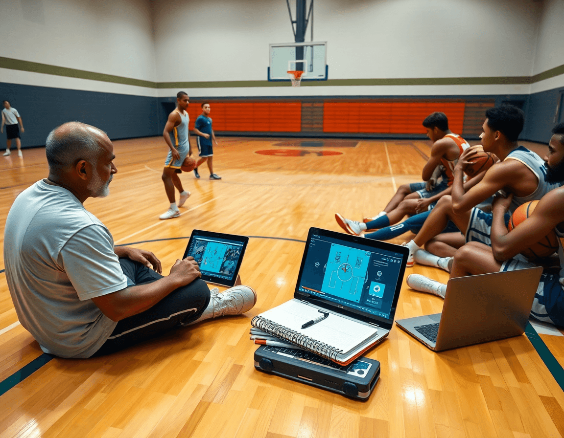 Coach reviews drill playlists on tablet for basketball library, organizing clips efficiently today.