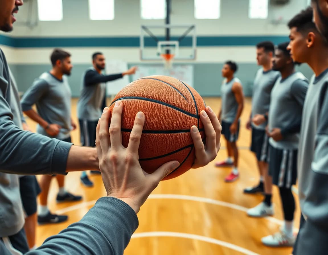 Close-up of hands gripping a basketball during amoeba defense basketball drill on hardwood court.