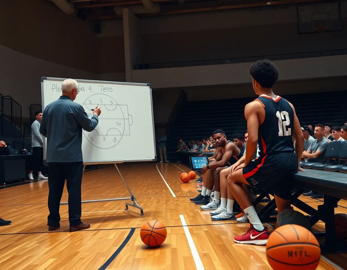 Sideline view of coach drawing amoeba defense basketball drills while a tablet shows a weekly plan.