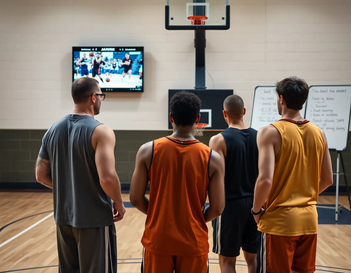 Coach and players review basketball clips for amoeba defense basketball on the hardwood.