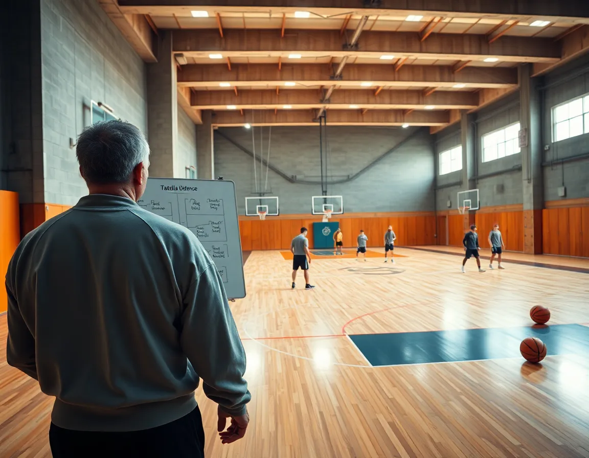 Wide gym scene: coach draws amoeba defense basketball on whiteboard as players practice on hardwood.