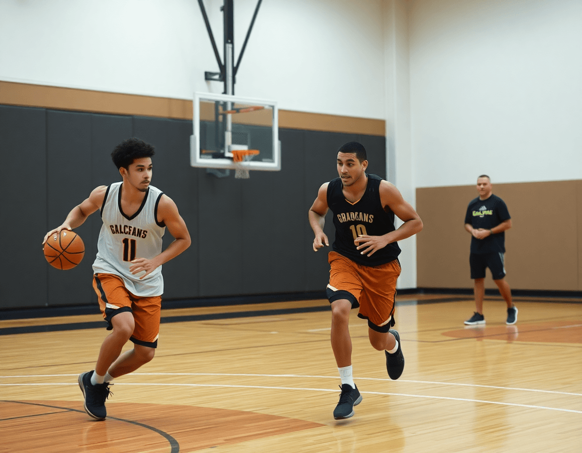 Two players drill near the key while a basketball coach watches during practice.