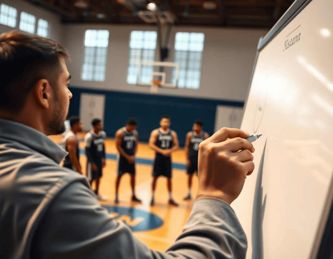 Close-up on hands drawing animated basketball plays on whiteboard in a basketball gym.