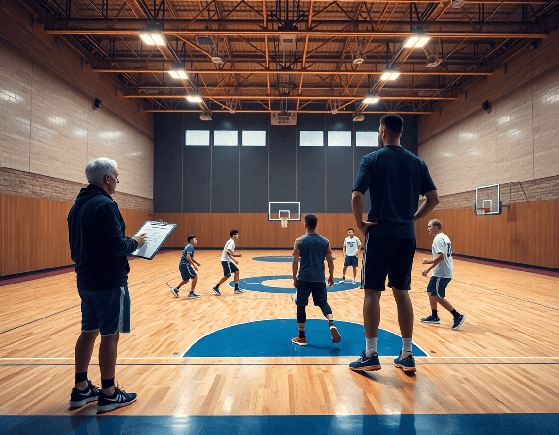 Wide basketball gym scene with coach, players, and animated basketball plays on a whiteboard.