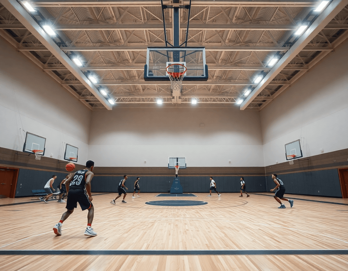 Wide shot of a full-court basketball drill as apps for basketball stats guide scouting.
