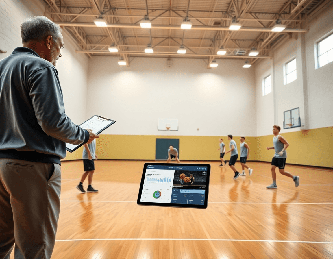 Wide basketball gym scene showing coach and team with apps for basketball stats on a tablet.