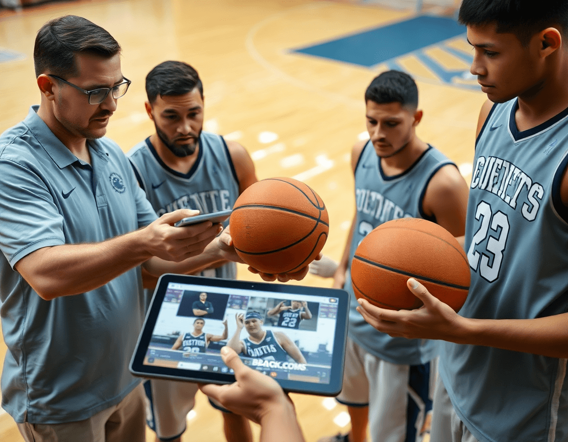 Coaches study game clips on a tablet; players hold a basketball on the hardwood court studying basketball defense.