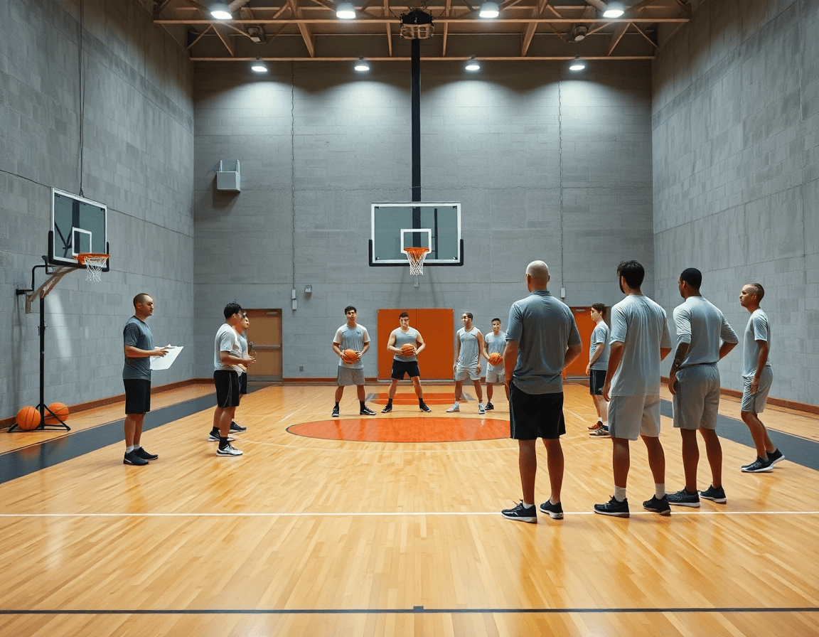 Wide shot of basketball players practicing basketball best defense on a hardwood court, coach guiding with whiteboard.