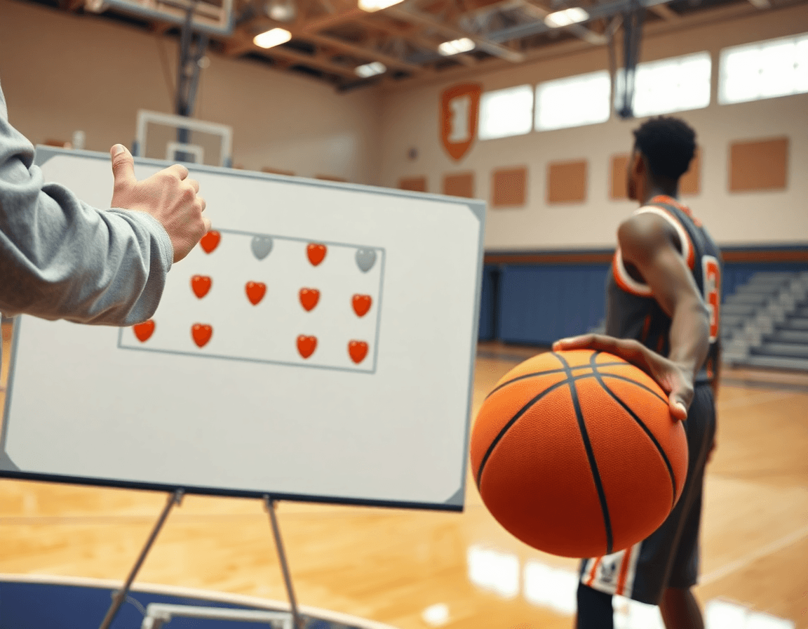 Close-up of coach's hands guiding basketball blob plays during a baseline inbound drill on hardwood.