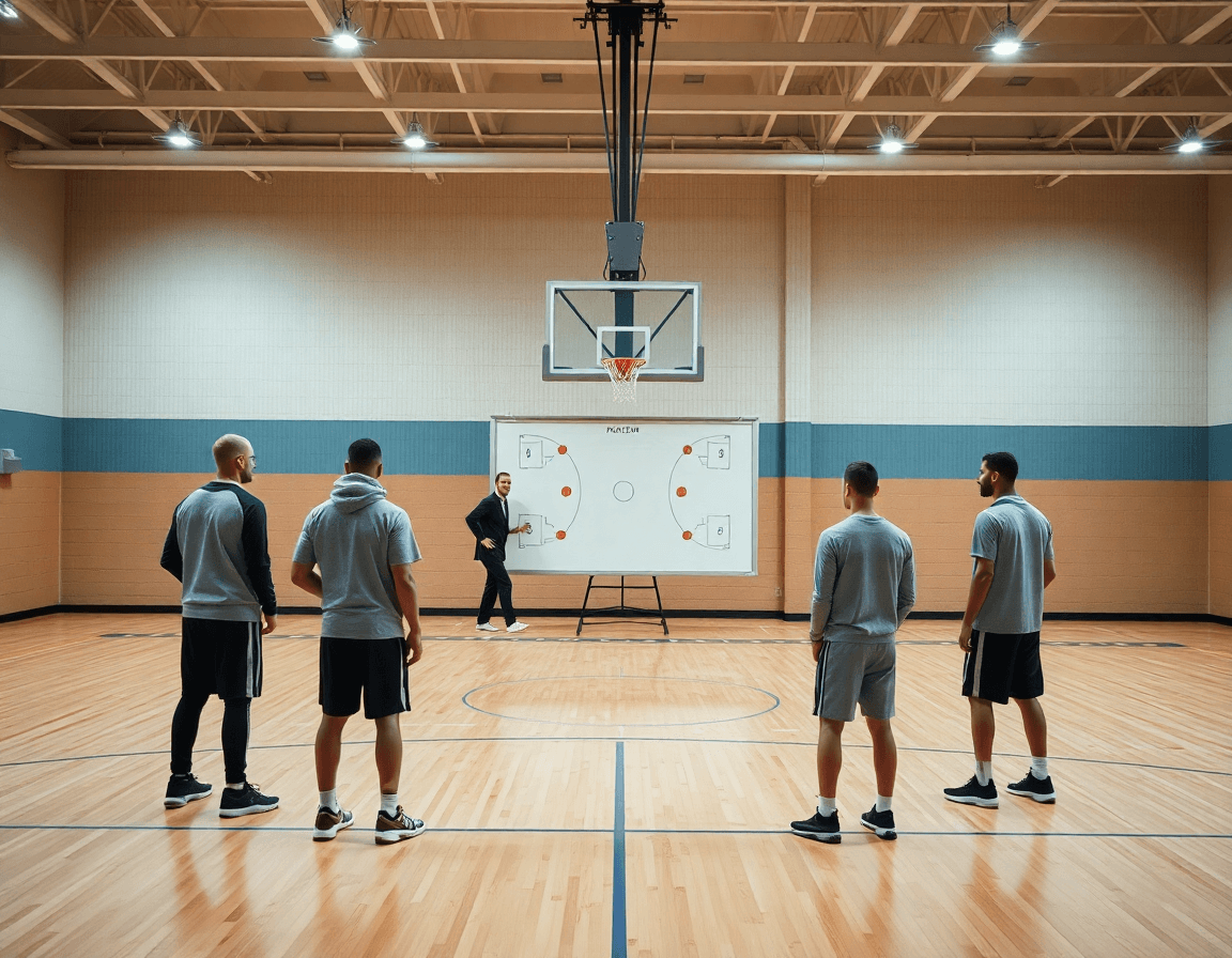 Wide-angle view of basketball blob plays being practiced during an inbound drill on the hardwood court.