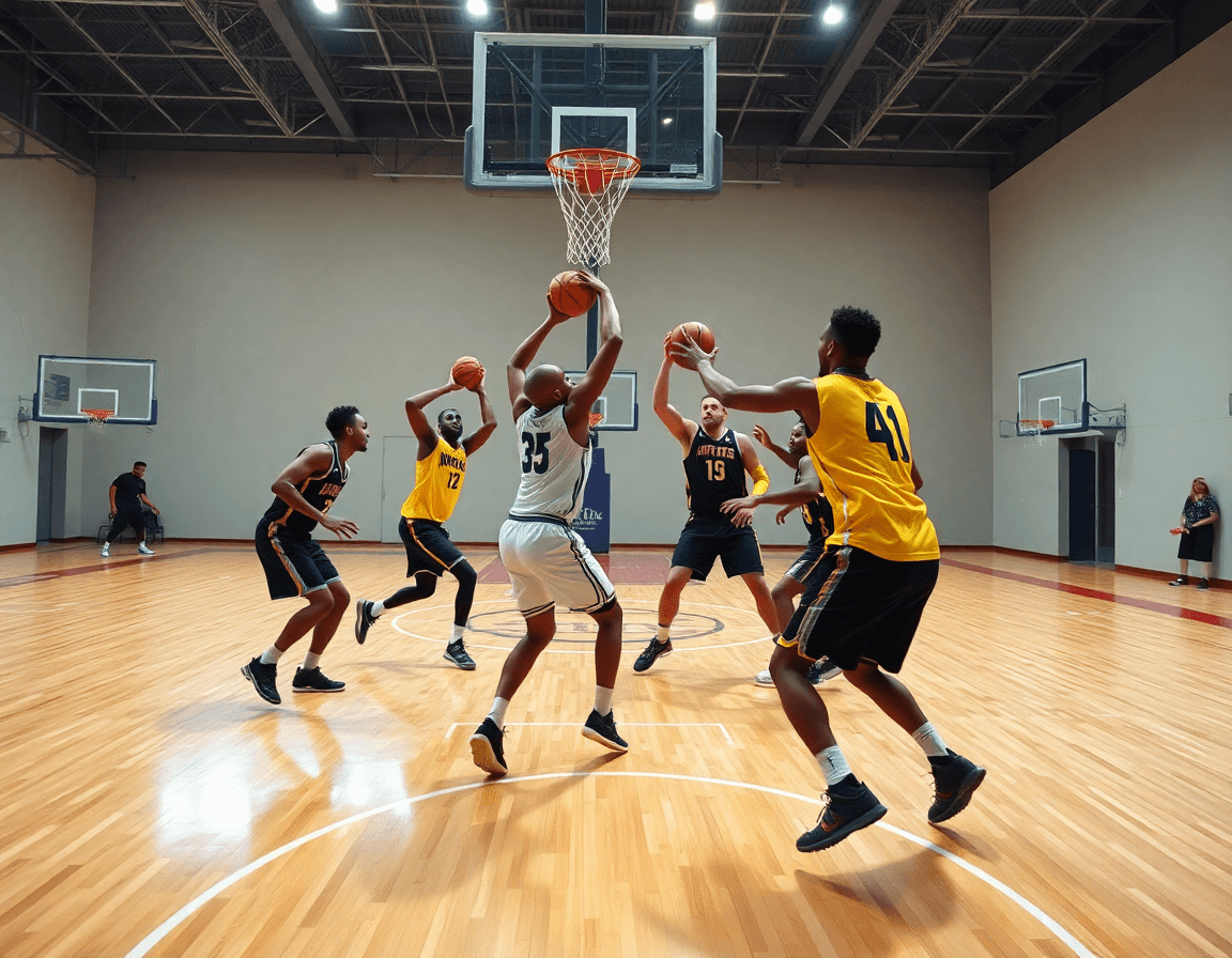 Dynamic action shot showing basketball blob plays during an inbound sequence on a bright hardwood court.