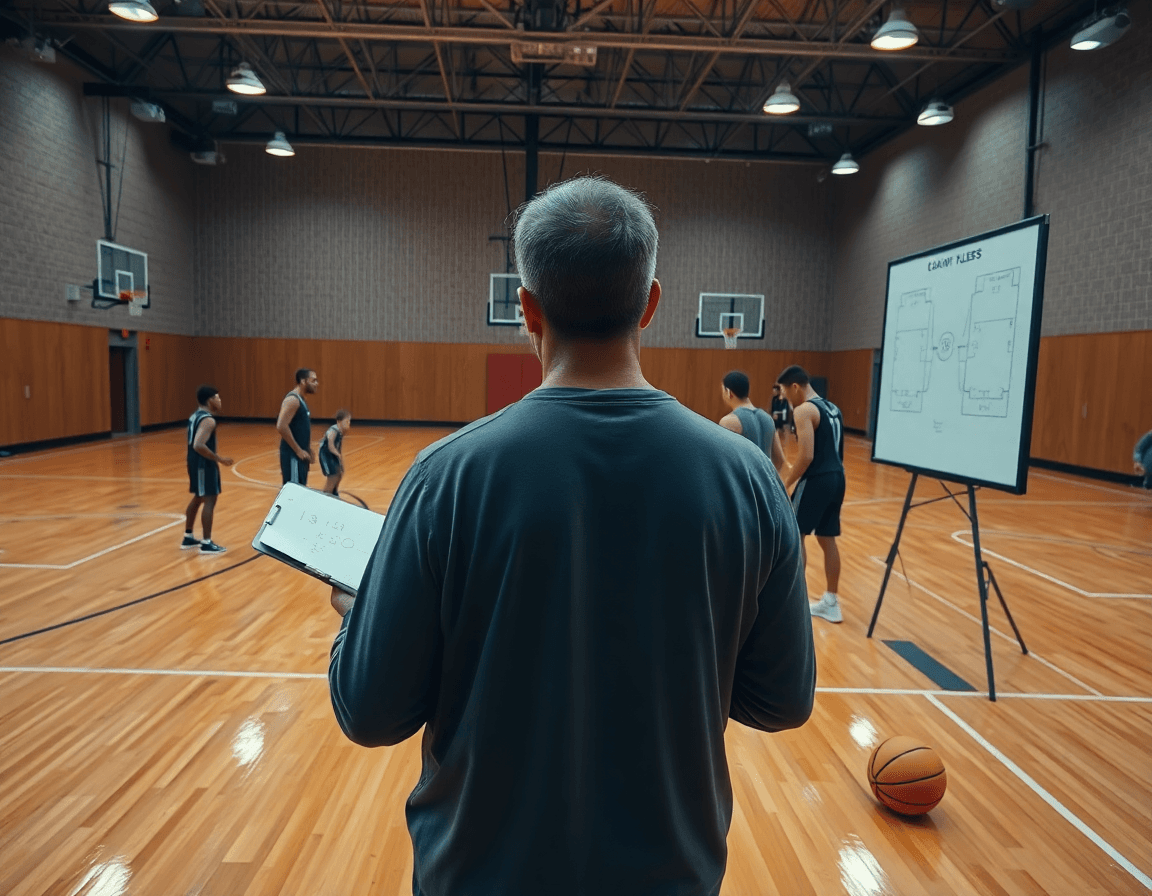 Wide cinematic shot of basketball blob plays being taught in a bright hardwood gym.