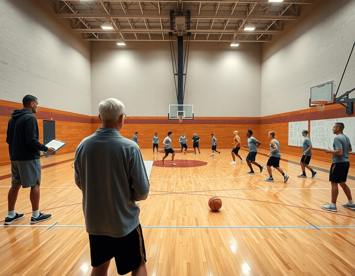 Wide basketball gym scene showing basketball coach software in action as players practice.