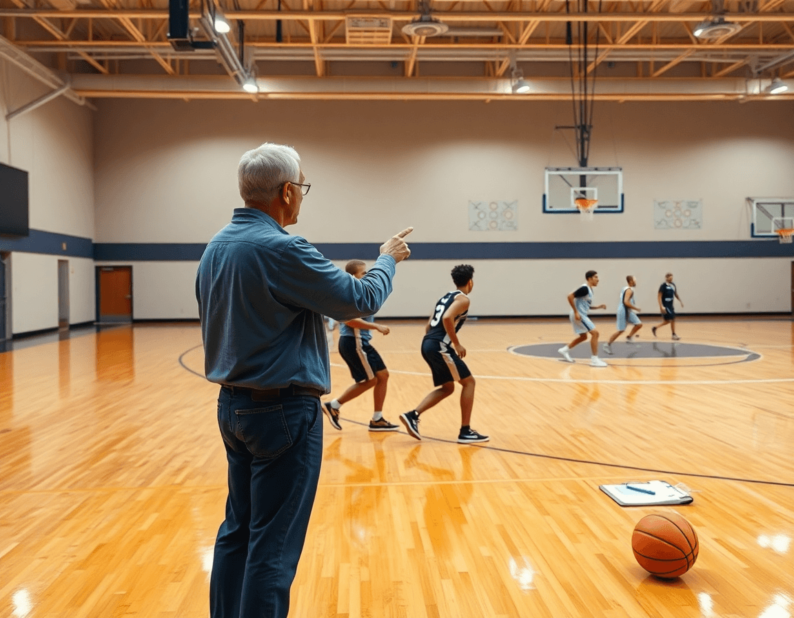 Tight shot of basketball coach tools guiding a whiteboard play during a fast practice.