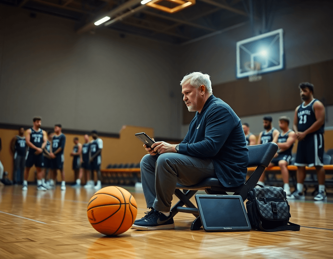Tight shot of basketball coach tools reviewing clip selections on a tablet after basketball practice.