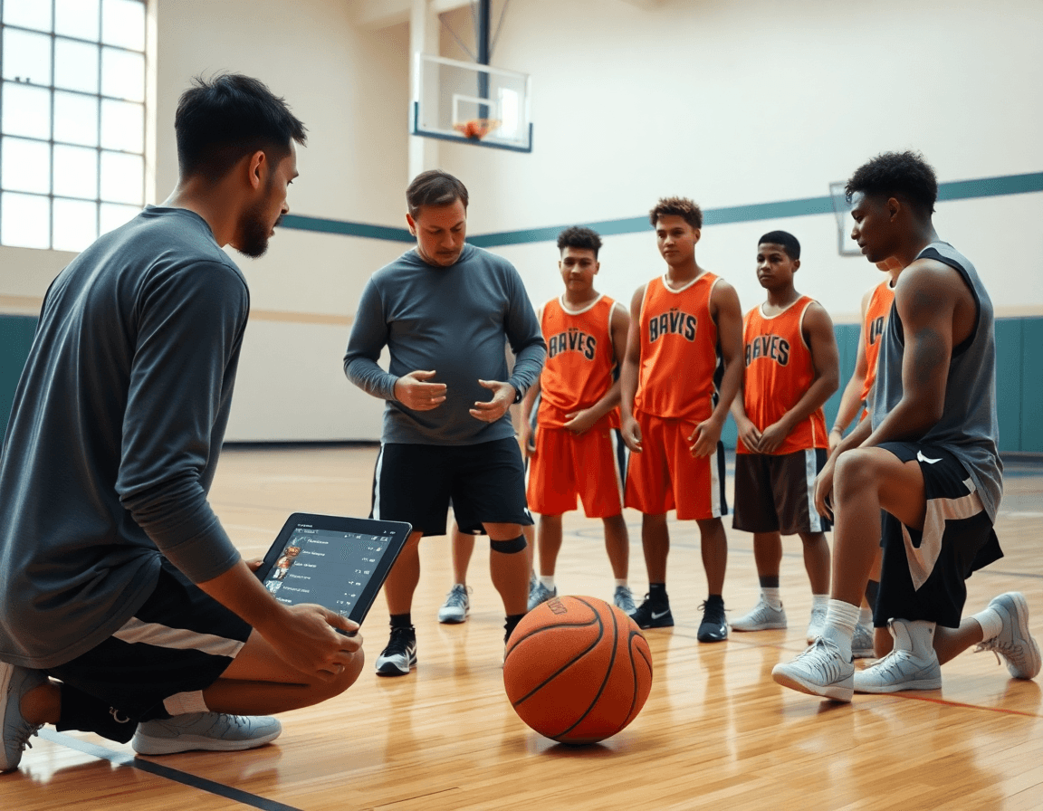 Close-up of basketball coach tools guiding players through a shareable playlist after basketball practice.