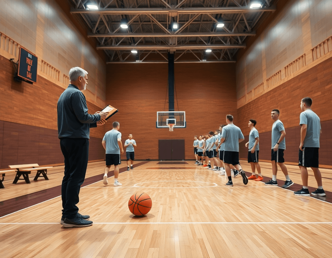 Wide gym scene featuring basketball coach tools in action during a full-court basketball practice.