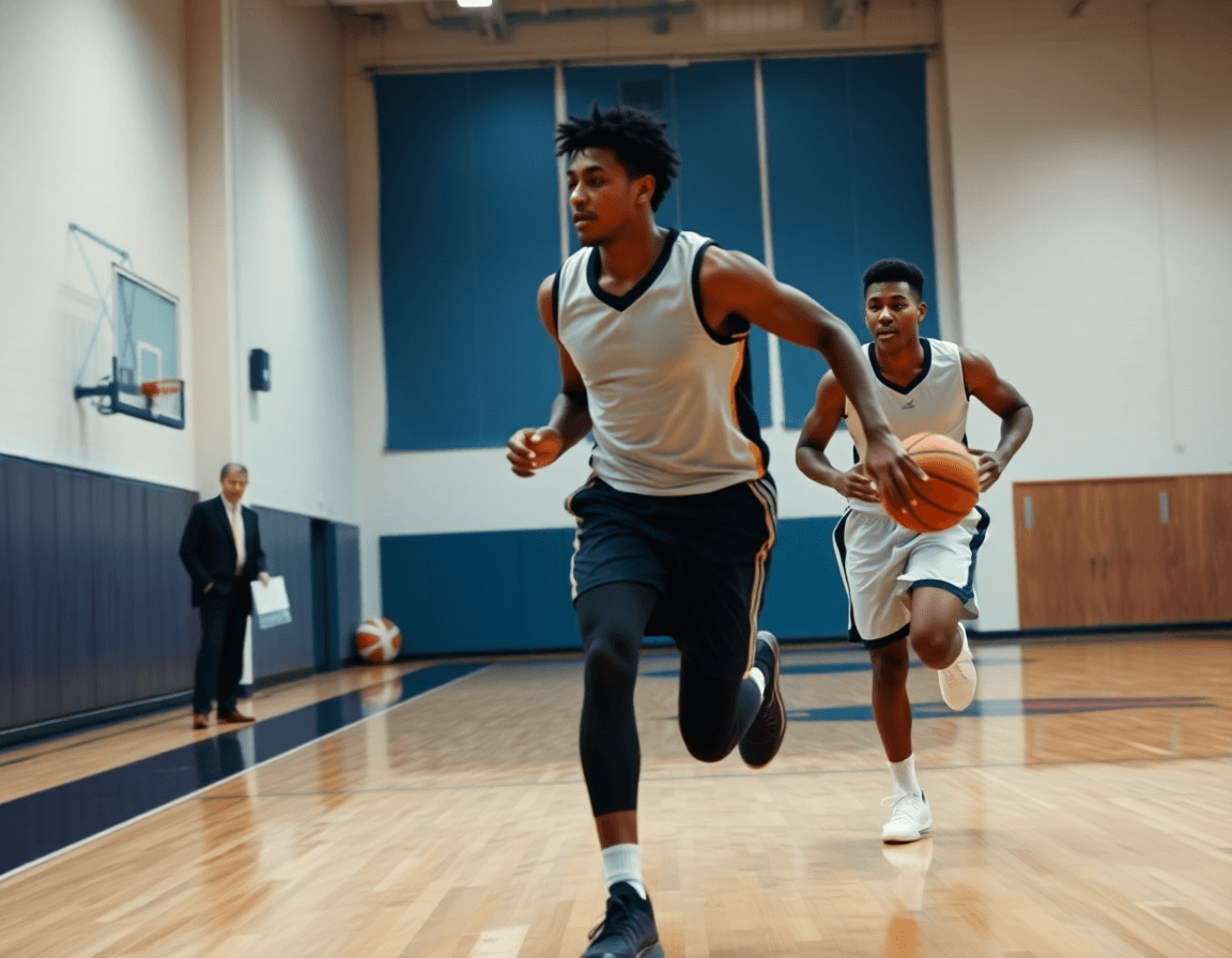Close-up on basketball coaching accessories during a fast-break drill on a gym floor.