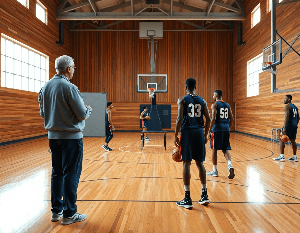 Hands-on view of basketball coaching accessories as players study a whiteboard during a half-court drill.