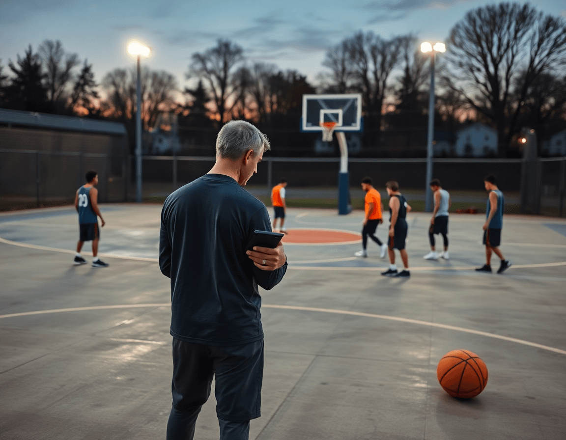 Outdoor basketball coaching accessories in use during scouting prep on a concrete court.