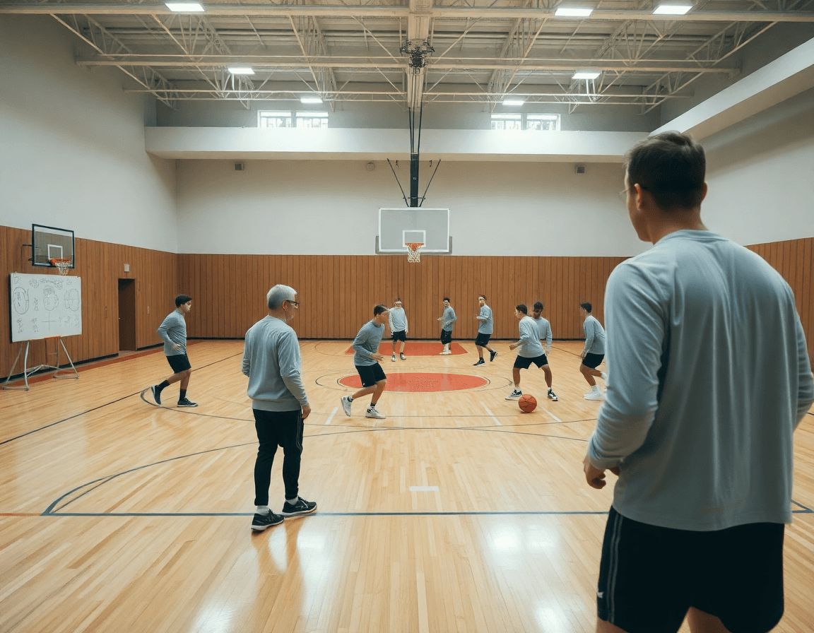 A wide view of basketball coaching accessories in use during a busy gym practice session.