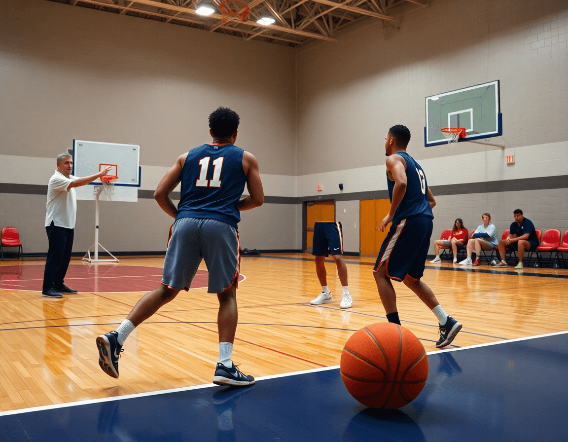 Close-up on hands passing a basketball while the coach sketches plays on a whiteboard.