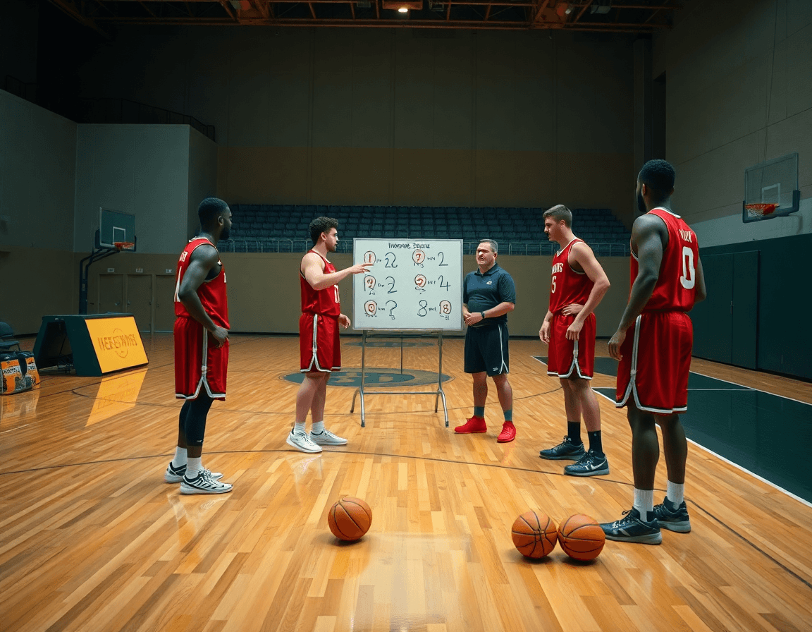 Tight shot of players around the coach reviewing an inbound sequence on the whiteboard.