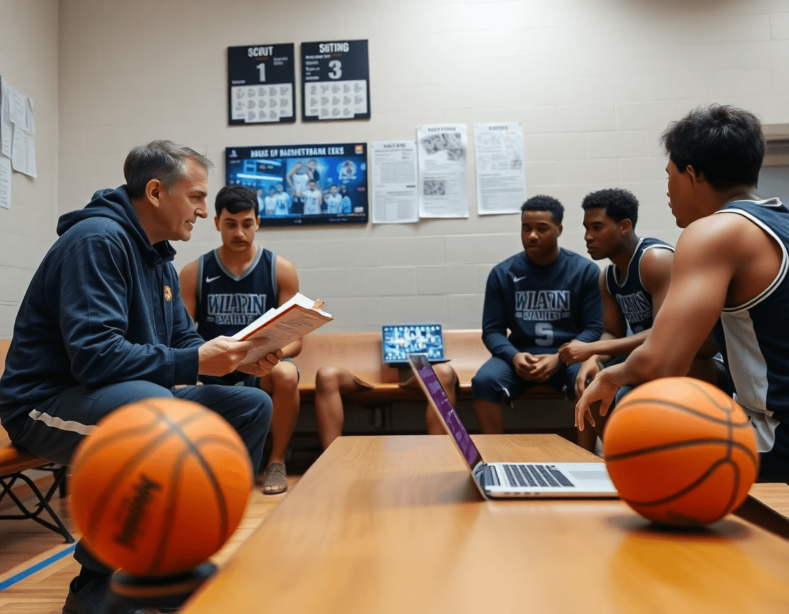Coach and players study opponent notes on a clipboard during basketball prep.