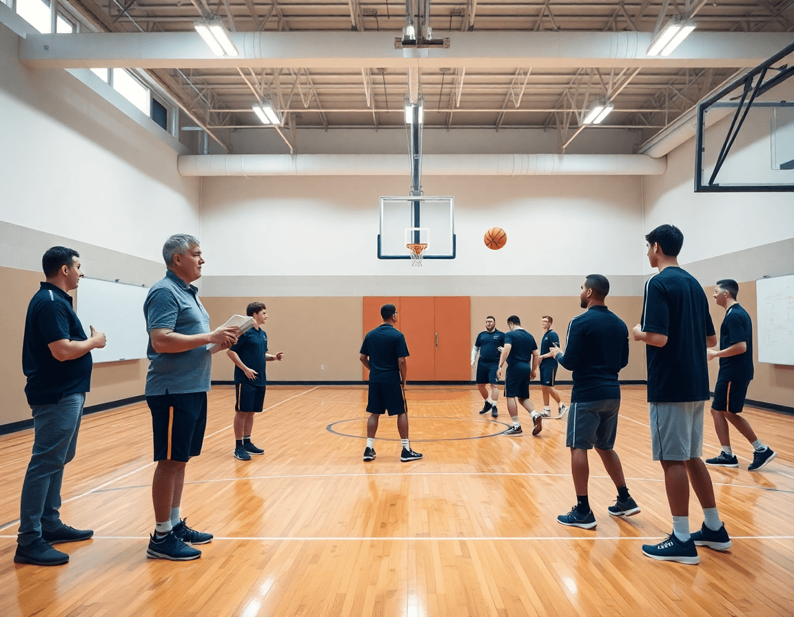 Basketball coaching app inspired scene: coach and players on the court during drills.