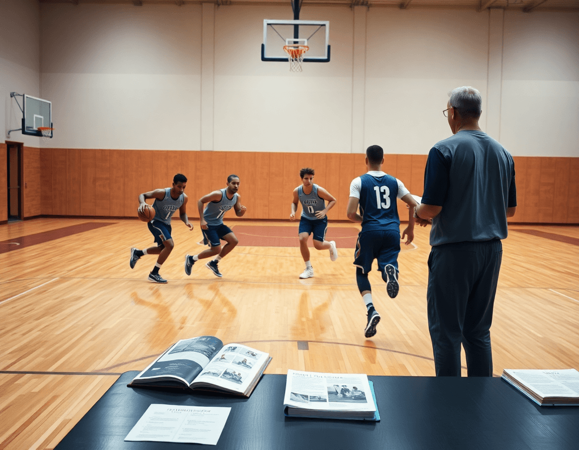 Three players sprint on the hardwood basketball court; coach references basketball coaching playbook pdf.