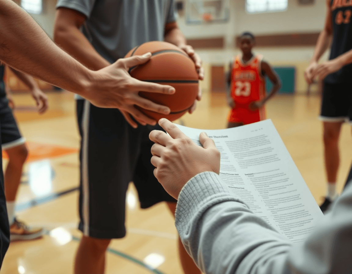Close-up on hands and a basketball as players drill on the hardwood; coach references basketball coaching playbook pdf.